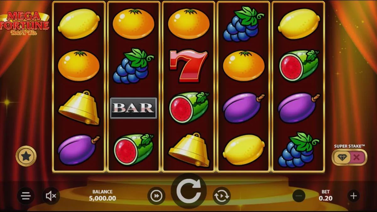 Tampilan visual slot Mega Fortune Hold ‘N’ Win dengan simbol buah klasik dan elemen koin modern.