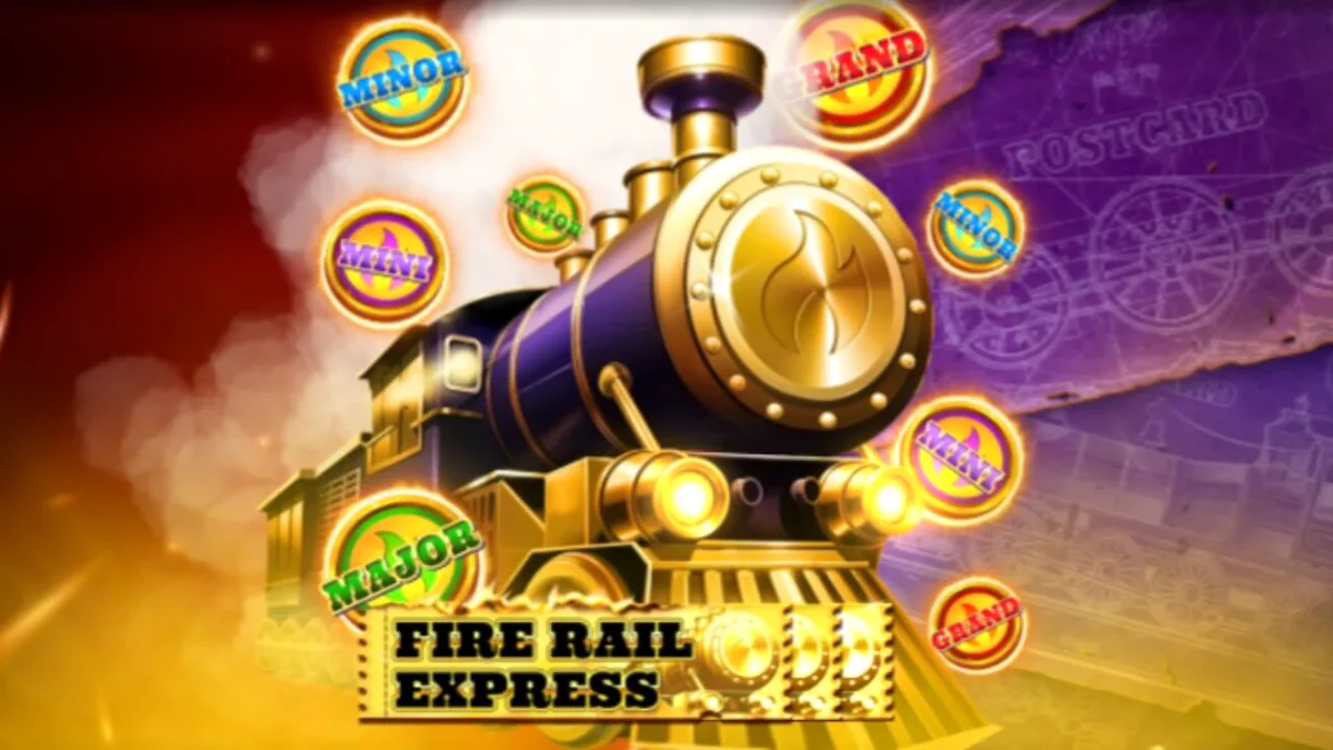 Tampilan visual slot Fire Rail Express dengan tema steampunk dan kereta api emas.